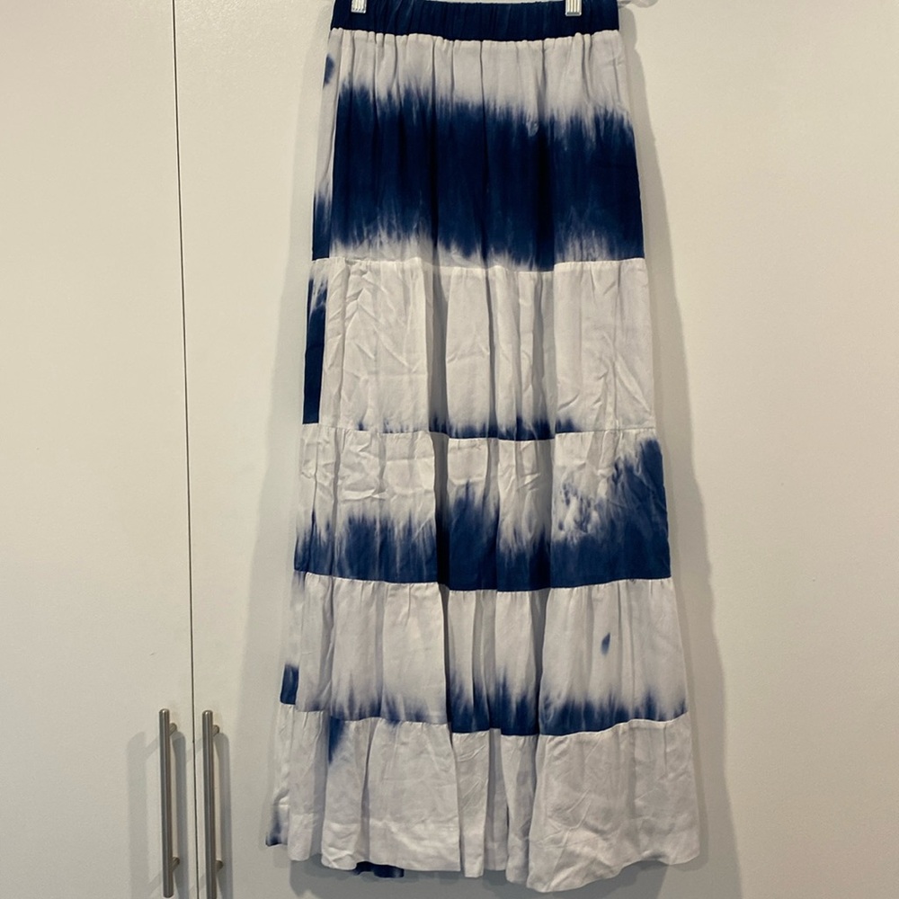 Blue and white tie dye tiered maxi skirt